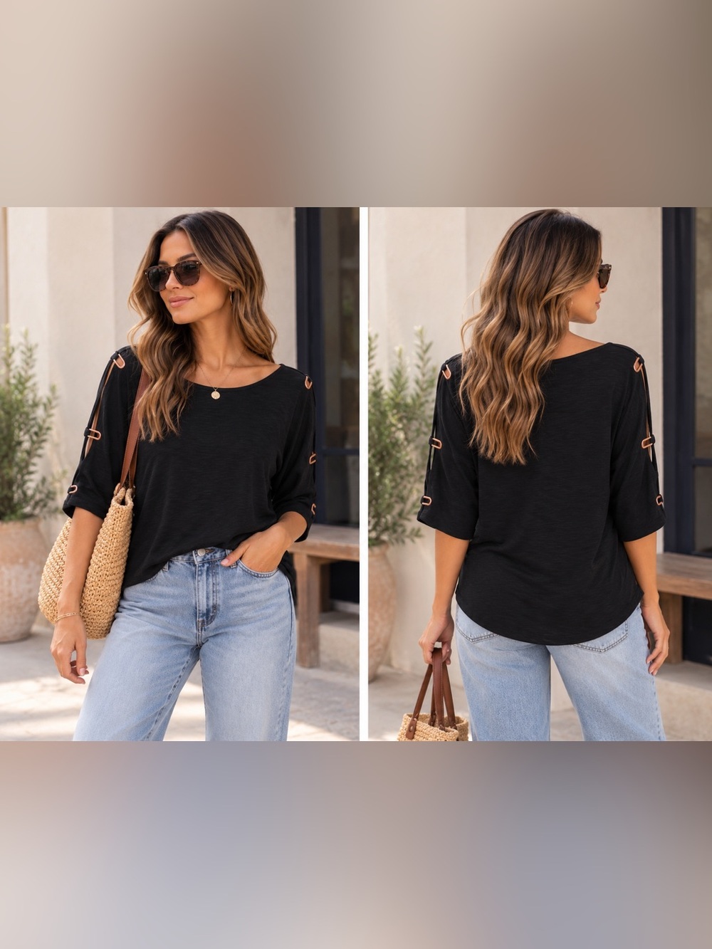 Cable & Gauge Black Short-Sleeve Ring-Detail Top